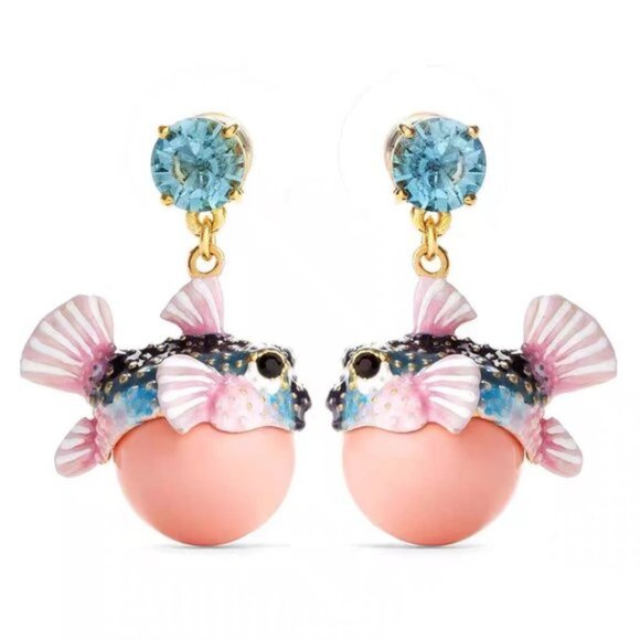 Les NEREIDES Boxfish And Light Blue Faceted Crystal Stone Pendant Sleeper Earrin - Picture 1 of 4